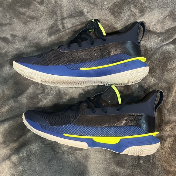 Under Armour Curry 7 SC Dub Nation Mens Sz 9 WMNS Sz 10.5 Blue/Florescent Yellow - Picture 2 of 7